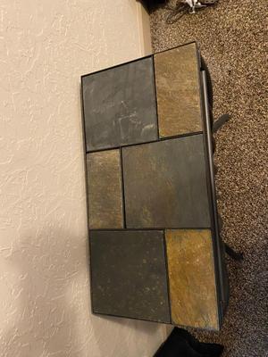 TILE TOP ACCENT TABLE AND. BRASS DISH