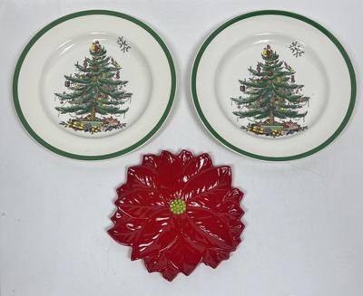 2 Spode Christmas Tree Plates and Ceramic poinsettia display plate