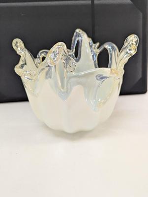 Large Murano Art Glass Bowl White Cristal Made In Italy Original Label