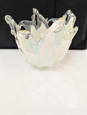 Large Murano Art Glass Bowl White Cristal Made In Italy Original Label