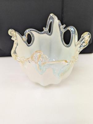 Large Murano Art Glass Bowl White Cristal Made In Italy Original Label