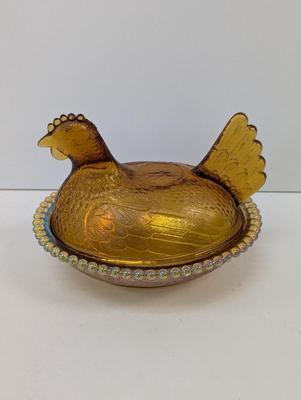 Vintage Amber Indiana Glass Covered Chicken Hen On Nest