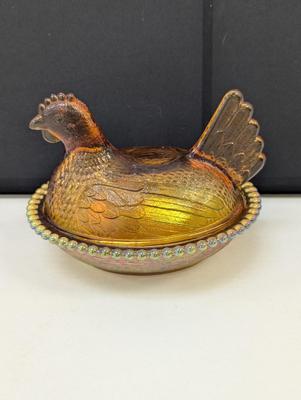 Vintage Amber Indiana Glass Covered Chicken Hen On Nest