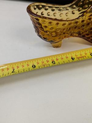 Vintage Fenton Glass Shoe Amber Hobnail Cat Design