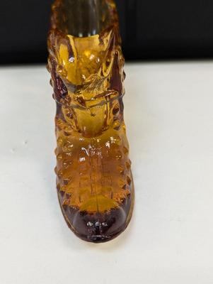 Vintage Fenton Glass Shoe Amber Hobnail Cat Design