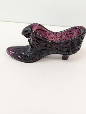 Vintage Fenton Glass Shoe Purple Hobnail Cat Design