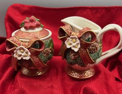 Fitz and Floyd Christmas Rose Creamer and Sugar