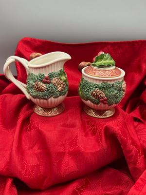 Fitz and Floyd Christmas Rose Creamer and Sugar