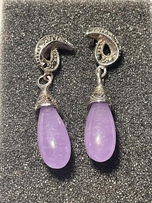 Vintage Scarce Chinese Export Lavender Jadeite Sterling Silver Marcasite Dangling Earrings in VG Preowned Condition. FREE DOMESTIC SHIPPING.