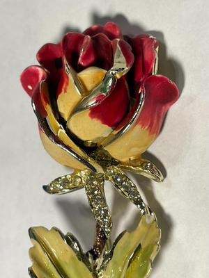 Vintage BSK Designer Fashion Enameled Rose Pin/Brooch 3" Tall in Very Good Preowned Condition.