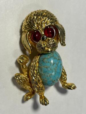 Vintage Jewelry Gorgeous Turquoise Jelly Belly Poodle Dog Pin/Brooch with Ruby/Garnet Eyes believed to be Trifari 1.75" Tall.