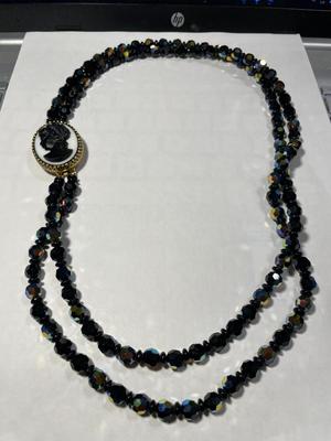 Vintage Double Strand Black Crystal Bead Necklace 24" Long w/Cameo Clasp in VG Preowned Condition as Pic'd.