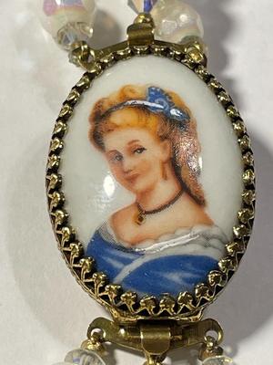 Vintage Triple Strand Pearlescence Crystal Bead Necklace 23.5" w/Florenza Limoges Hand Painted Portrait Cameo Clasp in VG Preowned...