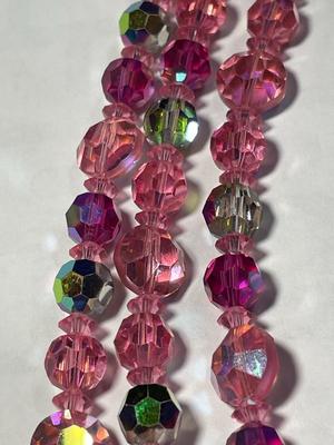 Vintage Triple Strand Pink Crystal Bead Necklace 20-21" Long in VG Preowned Condition as Pic'd.