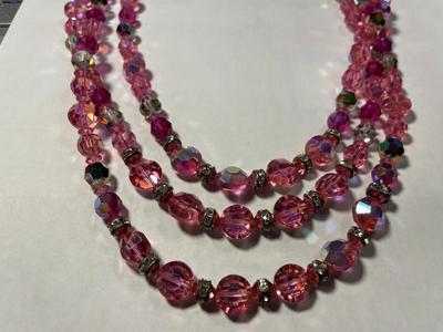 Vintage Triple Strand Pink Crystal Bead Necklace 20-21" Long in VG Preowned Condition as Pic'd.