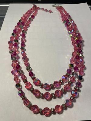 Vintage Triple Strand Pink Crystal Bead Necklace 20-21" Long in VG Preowned Condition as Pic'd.