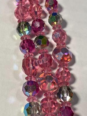 Vintage Triple Strand Pink Crystal Bead Necklace 20-21" Long in VG Preowned Condition as Pic'd.