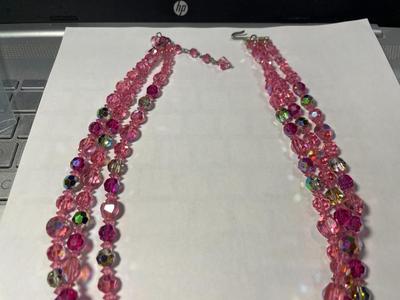 Vintage Triple Strand Pink Crystal Bead Necklace 20-21" Long in VG Preowned Condition as Pic'd.