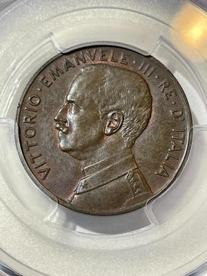 PCGS CERTIFIED 1918-R MS64/BROWN 5 Centesimi - Victor Emmanuel III without Dot after "D" Variety as Pictured.