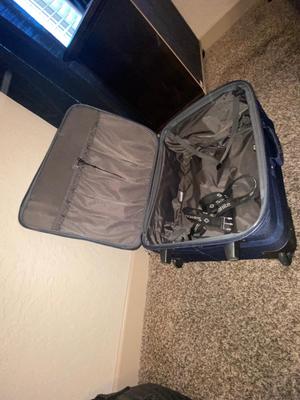 SAMSONITE SUITCASE, TAYLOR SCALE, SEAT CUSHIONS, WEAVED BASKET