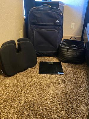 SAMSONITE SUITCASE, TAYLOR SCALE, SEAT CUSHIONS, WEAVED BASKET