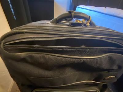 SAMSONITE SUITCASE, TAYLOR SCALE, SEAT CUSHIONS, WEAVED BASKET