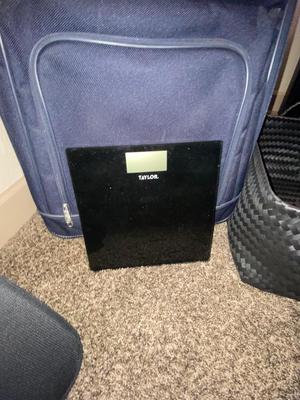 SAMSONITE SUITCASE, TAYLOR SCALE, SEAT CUSHIONS, WEAVED BASKET