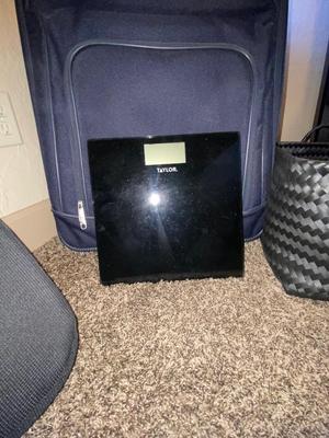 SAMSONITE SUITCASE, TAYLOR SCALE, SEAT CUSHIONS, WEAVED BASKET