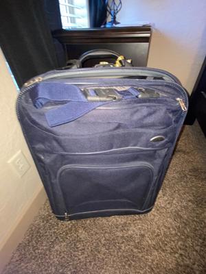 SAMSONITE SUITCASE, TAYLOR SCALE, SEAT CUSHIONS, WEAVED BASKET