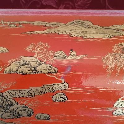 LOT 44: Vintage Chinese Red Lacquer Box with Hand Carved Resin Figures and a Small Brass Vase
