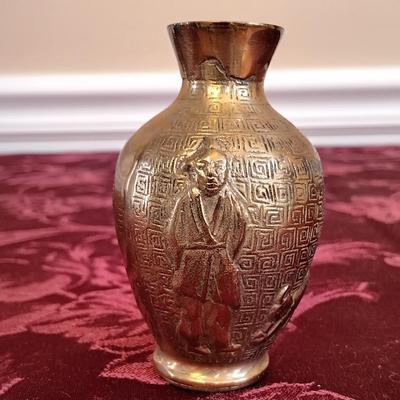 LOT 44: Vintage Chinese Red Lacquer Box with Hand Carved Resin Figures and a Small Brass Vase