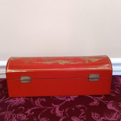 LOT 44: Vintage Chinese Red Lacquer Box with Hand Carved Resin Figures and a Small Brass Vase