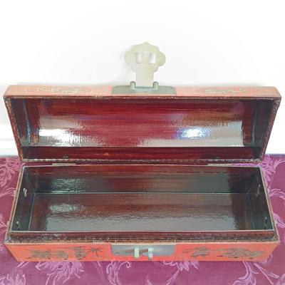 LOT 44: Vintage Chinese Red Lacquer Box with Hand Carved Resin Figures and a Small Brass Vase