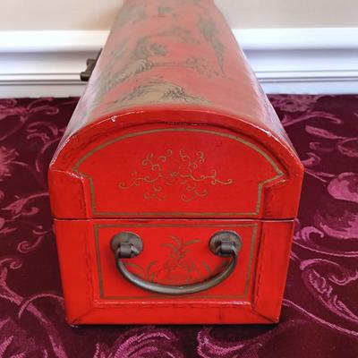 LOT 44: Vintage Chinese Red Lacquer Box with Hand Carved Resin Figures and a Small Brass Vase