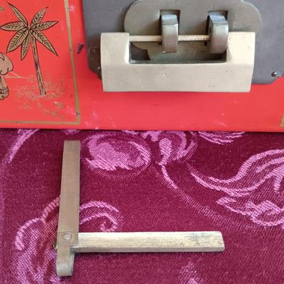 LOT 44: Vintage Chinese Red Lacquer Box with Hand Carved Resin Figures and a Small Brass Vase