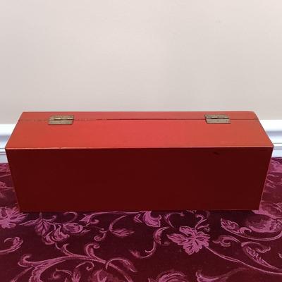 LOT 44: Vintage Chinese Red Lacquer Box with Hand Carved Resin Figures and a Small Brass Vase