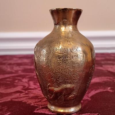 LOT 44: Vintage Chinese Red Lacquer Box with Hand Carved Resin Figures and a Small Brass Vase