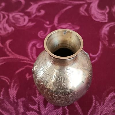 LOT 44: Vintage Chinese Red Lacquer Box with Hand Carved Resin Figures and a Small Brass Vase