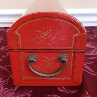 LOT 44: Vintage Chinese Red Lacquer Box with Hand Carved Resin Figures and a Small Brass Vase