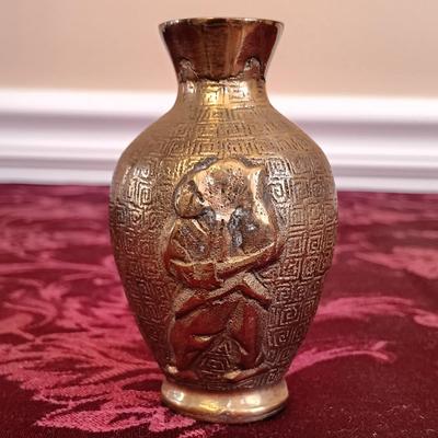 LOT 44: Vintage Chinese Red Lacquer Box with Hand Carved Resin Figures and a Small Brass Vase