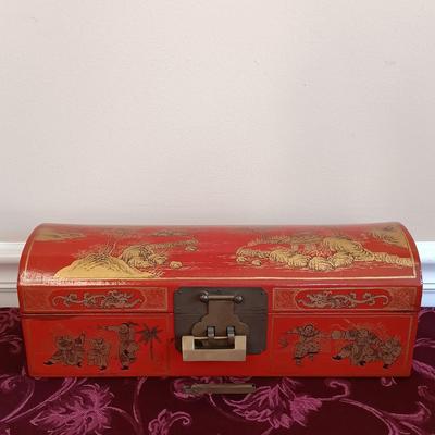 LOT 44: Vintage Chinese Red Lacquer Box with Hand Carved Resin Figures and a Small Brass Vase
