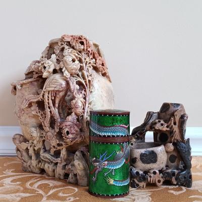 LOT 45: Pair of Hand Carved Soapstone Bud Vases with Lacquered Snuff Box