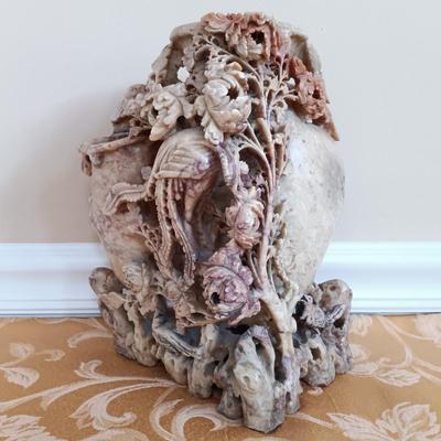 LOT 45: Pair of Hand Carved Soapstone Bud Vases with Lacquered Snuff Box