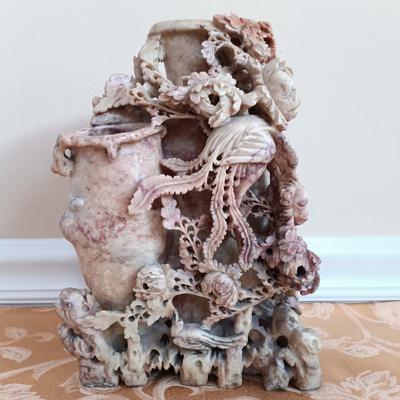 LOT 45: Pair of Hand Carved Soapstone Bud Vases with Lacquered Snuff Box