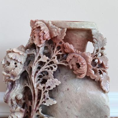 LOT 45: Pair of Hand Carved Soapstone Bud Vases with Lacquered Snuff Box