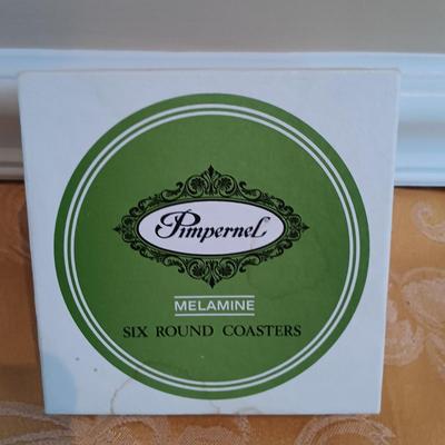 LOT 46: Signed Fukagawa Porcelain Plum Vase with Vintage Chinese Rosewood and Jadeite Accented Jewelry Box & Pimpernel Coasters