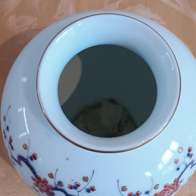 LOT 46: Signed Fukagawa Porcelain Plum Vase with Vintage Chinese Rosewood and Jadeite Accented Jewelry Box & Pimpernel Coasters