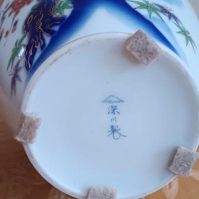 LOT 46: Signed Fukagawa Porcelain Plum Vase with Vintage Chinese Rosewood and Jadeite Accented Jewelry Box & Pimpernel Coasters