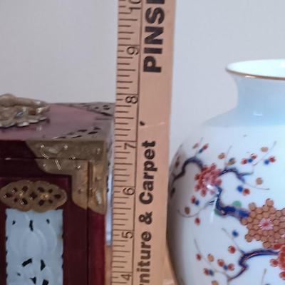 LOT 46: Signed Fukagawa Porcelain Plum Vase with Vintage Chinese Rosewood and Jadeite Accented Jewelry Box & Pimpernel Coasters