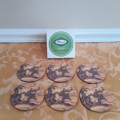 LOT 46: Signed Fukagawa Porcelain Plum Vase with Vintage Chinese Rosewood and Jadeite Accented Jewelry Box & Pimpernel Coasters